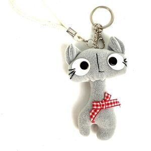 Cute Gray Cat Plush Keychain with Red Gingham Bow